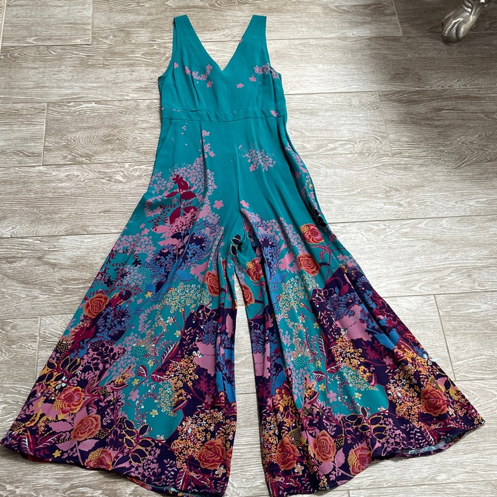 Maeve Teal Floral Wide-Leg Jumpsuit with Purple & Pink Accents